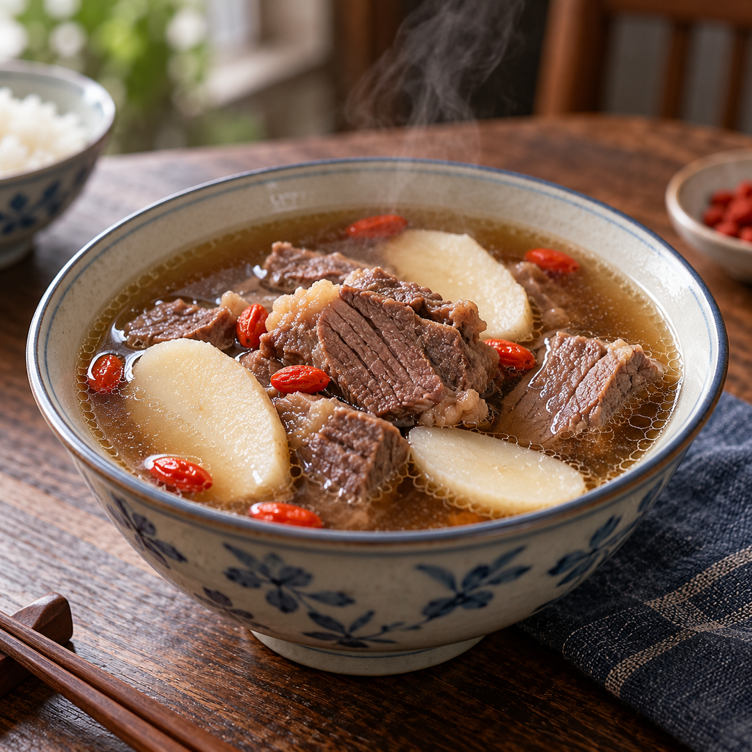 Serving suggestion for Lobo Instant Soup Powder & Chinese Herbal Set — 3 × 38 g; prepared food is not included