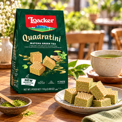 Loacker Quadratini Matcha Green Tea Wafers 110 g — lifestyle photograph