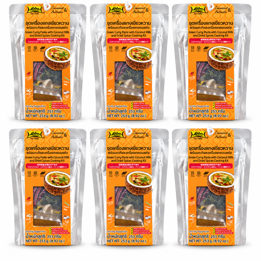 Lobo Green Curry Cooking Kit with Coconut Milk & Dried Spices — 6 × 253 g — exactly 6 sealed retail kits