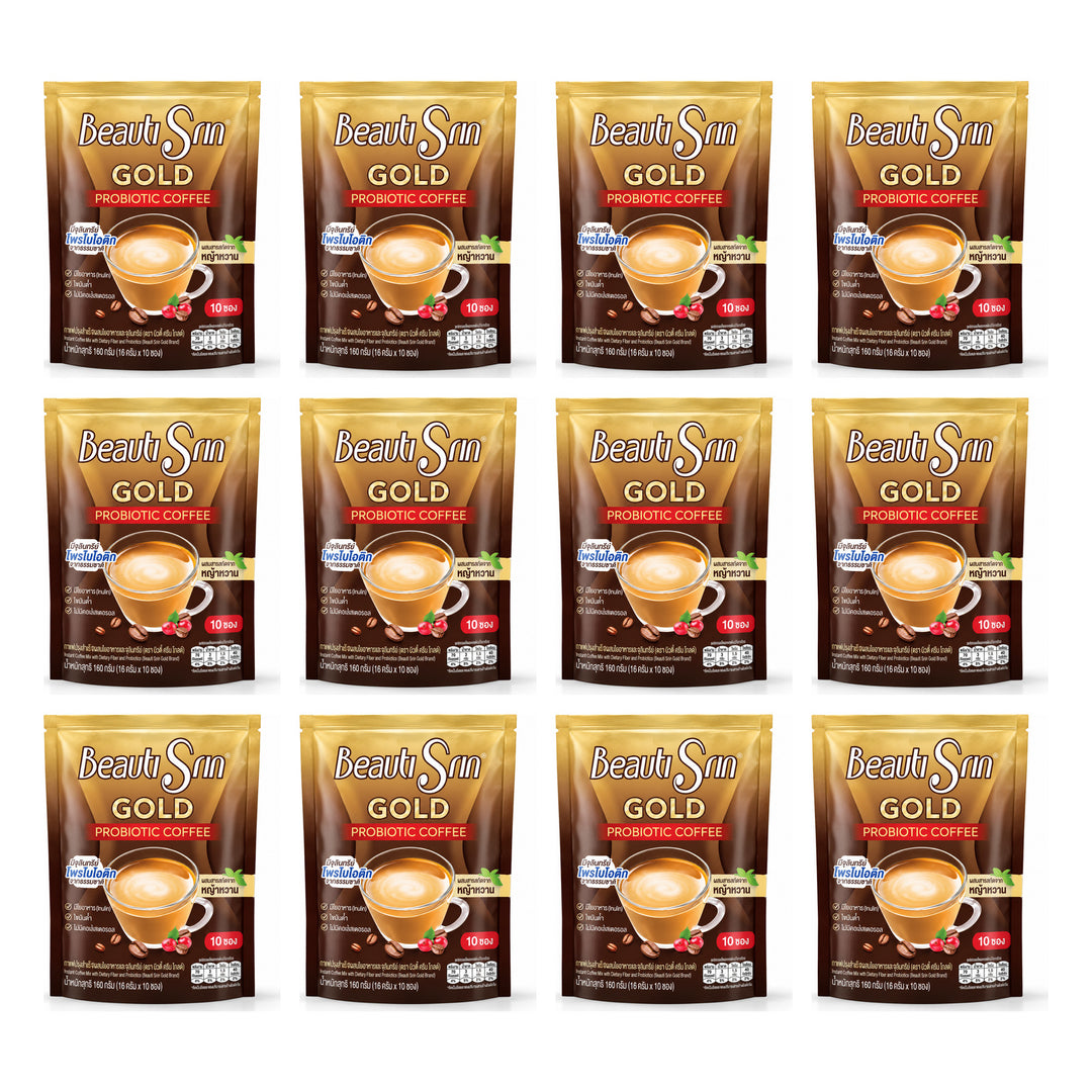 Beauti Srin Gold Probiotic Instant Coffee — 12 Packs | 10 × 16 g Sachets Each — exactly 12 complete retail units shown on white background.