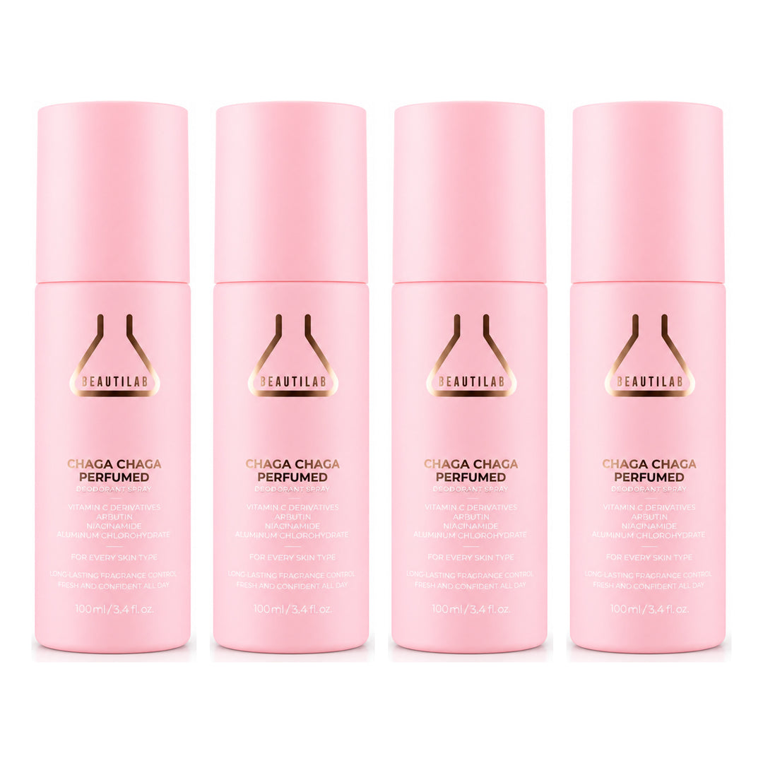 BEAUTILAB Chaga Chaga Perfumed Antiperspirant Deodorant Spray — 4 Bottles | 100 ml Each — exactly 4 retail units shown on white background.