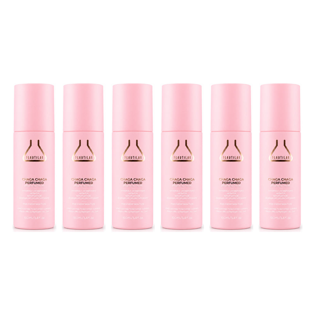 BEAUTILAB Chaga Chaga Perfumed Antiperspirant Deodorant Spray — 6 Bottles | 100 ml Each — exactly 6 retail units shown on white background.