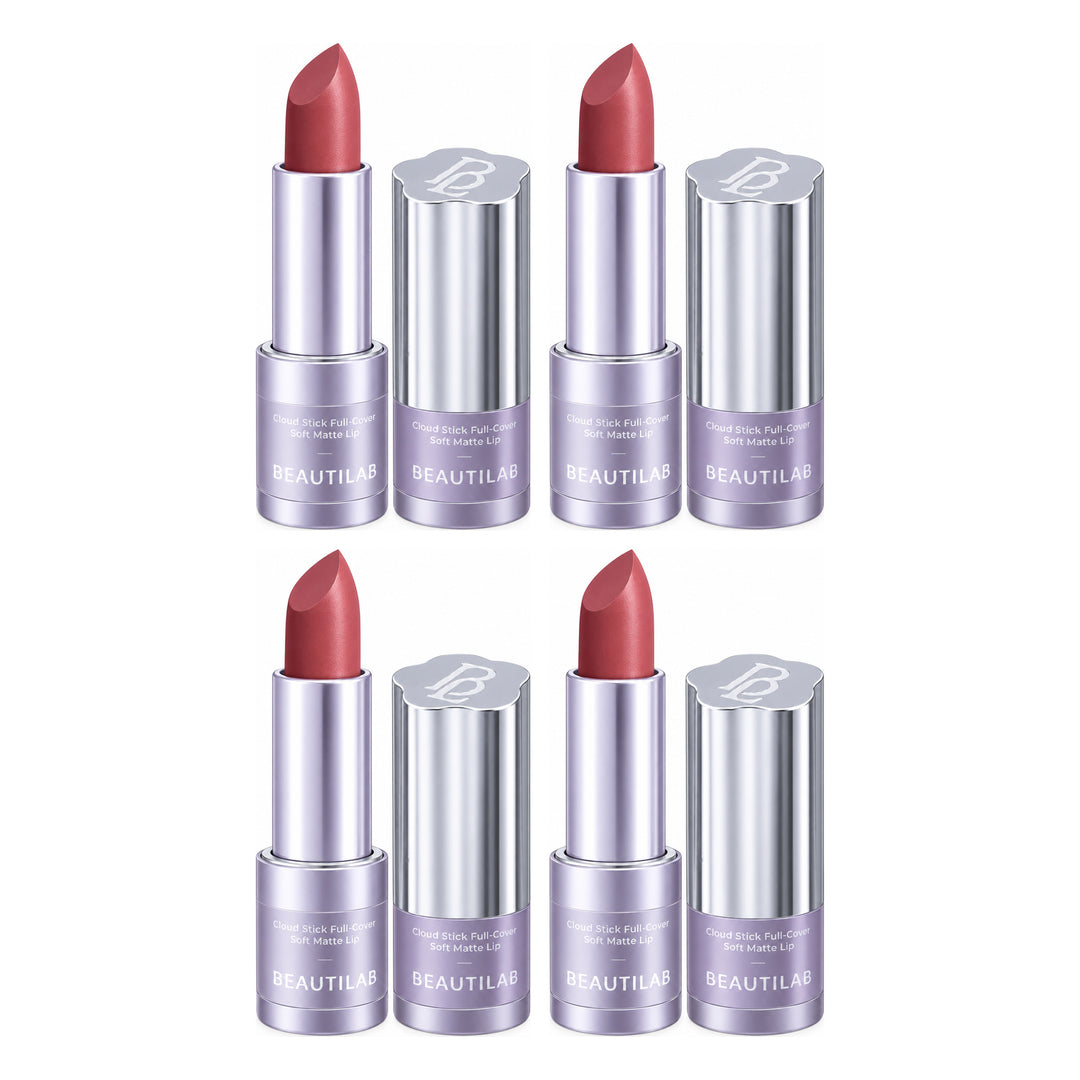 BEAUTILAB Cloud Stick Full-Cover Soft Matte Lipstick — 4 Lipsticks | 3.8 g Each — exactly 4 retail units shown on white background.