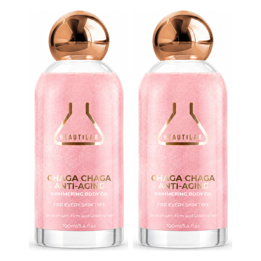 BEAUTILAB Chaga Chaga Shimmering Body Oil — 2 Bottles | 100 ml Each — exactly 2 retail units shown on white background.