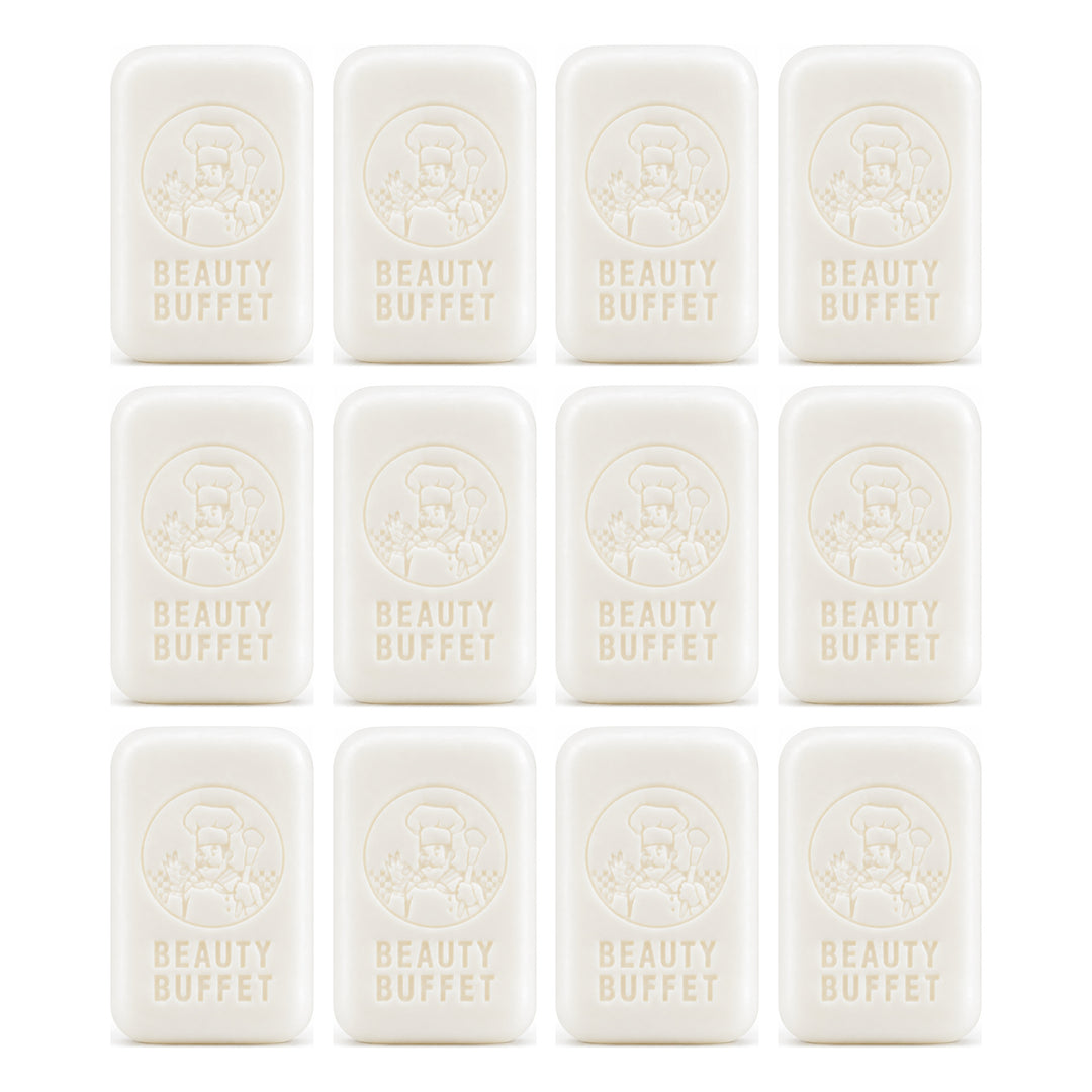 Beauty Buffet Milk Plus Brightening Q10 Face & Body Soap — 12 × 100 g Bars — exactly 12 retail units shown on white background.