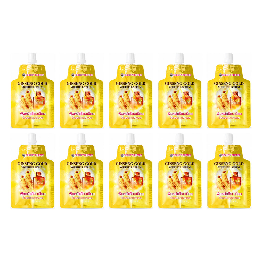 Beauty Buffet Ginseng Gold Youthful Facial Serum — 10 Sachets | 8 g Each — exactly 10 retail units shown on white background.