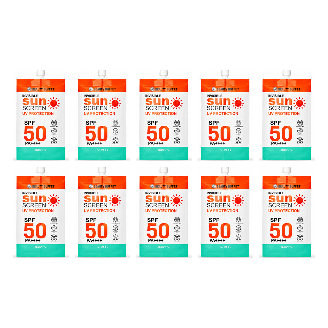 Beauty Buffet Invisible Facial Sunscreen SPF50 PA++++ — 10 Sachets | 7 g Each — exactly 10 retail units shown on white background.