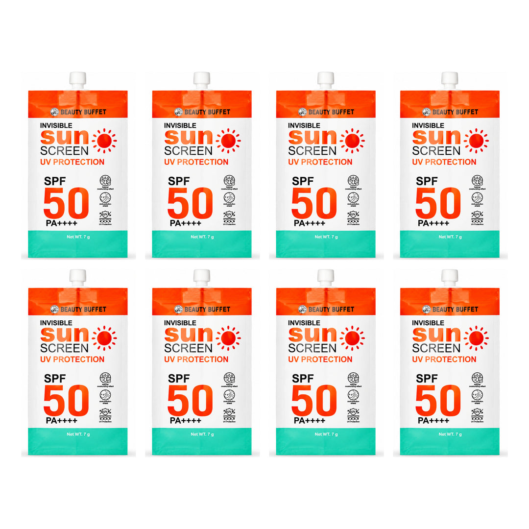 Beauty Buffet Invisible Facial Sunscreen SPF50 PA++++ — 8 Sachets | 7 g Each — exactly 8 retail units shown on white background.