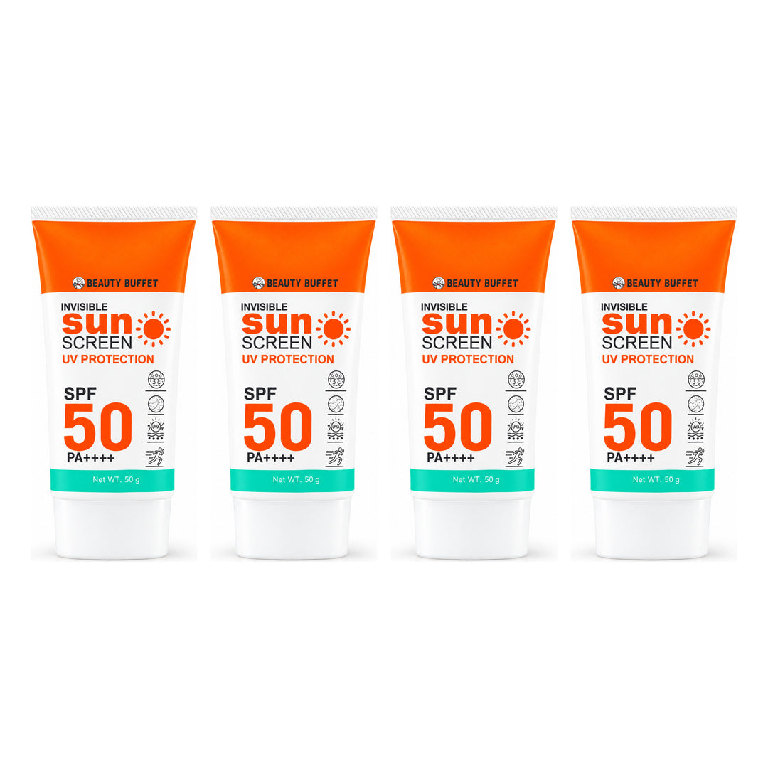 Beauty Buffet Invisible Facial Sunscreen SPF50 PA++++ — 4 Tubes | 50 g Each — exactly 4 retail units shown on white background.