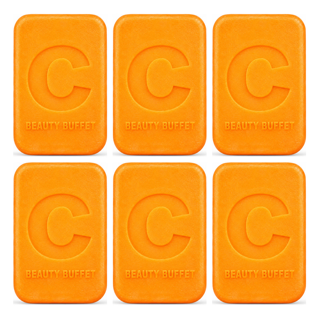 Beauty Buffet Vitamin C Aura Face & Body Cleansing Soap — 6 × 100 g Bars — exactly 6 retail units shown on white background.