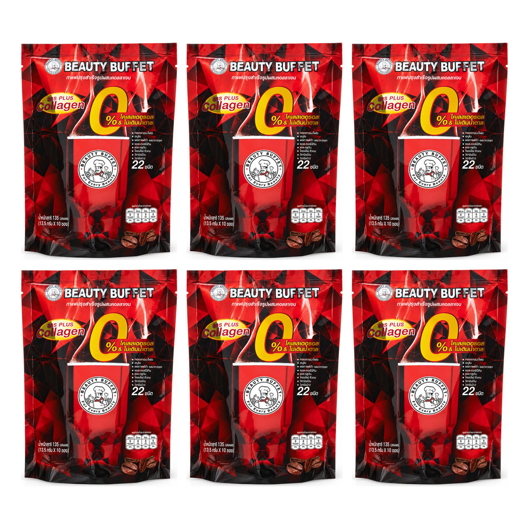 Beauty Buffet Coffee Plus Collagen Instant Coffee — 6 Packs | 10 × 13.5 g Sticks Each — exactly 6 retail units shown on white background.