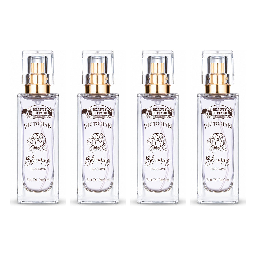 Beauty Cottage Victorian Blooming True Love Eau de Parfum — 4 Bottles | 30 ml Each — exactly 4 retail units shown on white background.