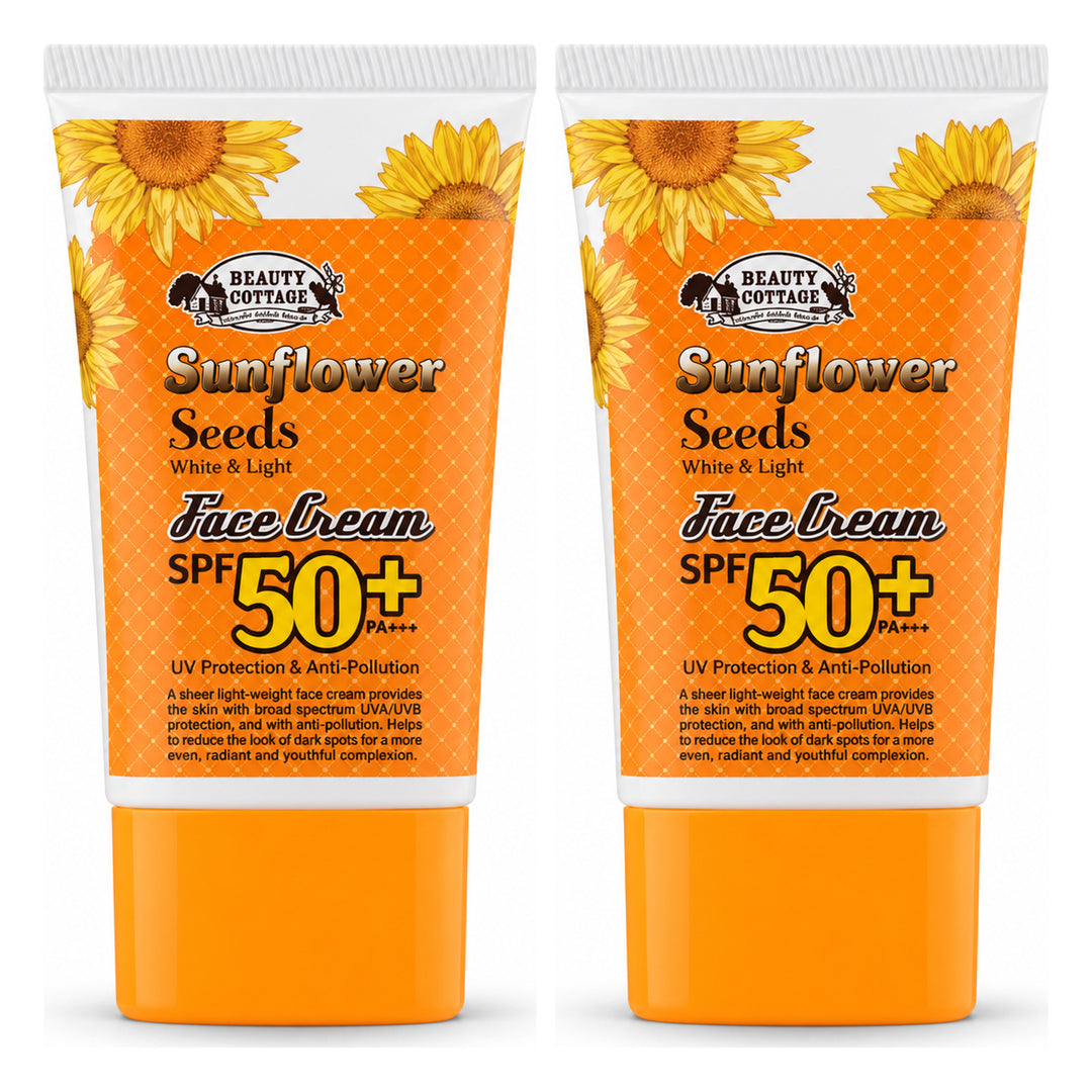 Beauty Cottage Sunflower Seeds White & Light Face Cream SPF50+ PA+++ — 2 Tubes | 30 g Each — exactly 2 retail units shown on white background.