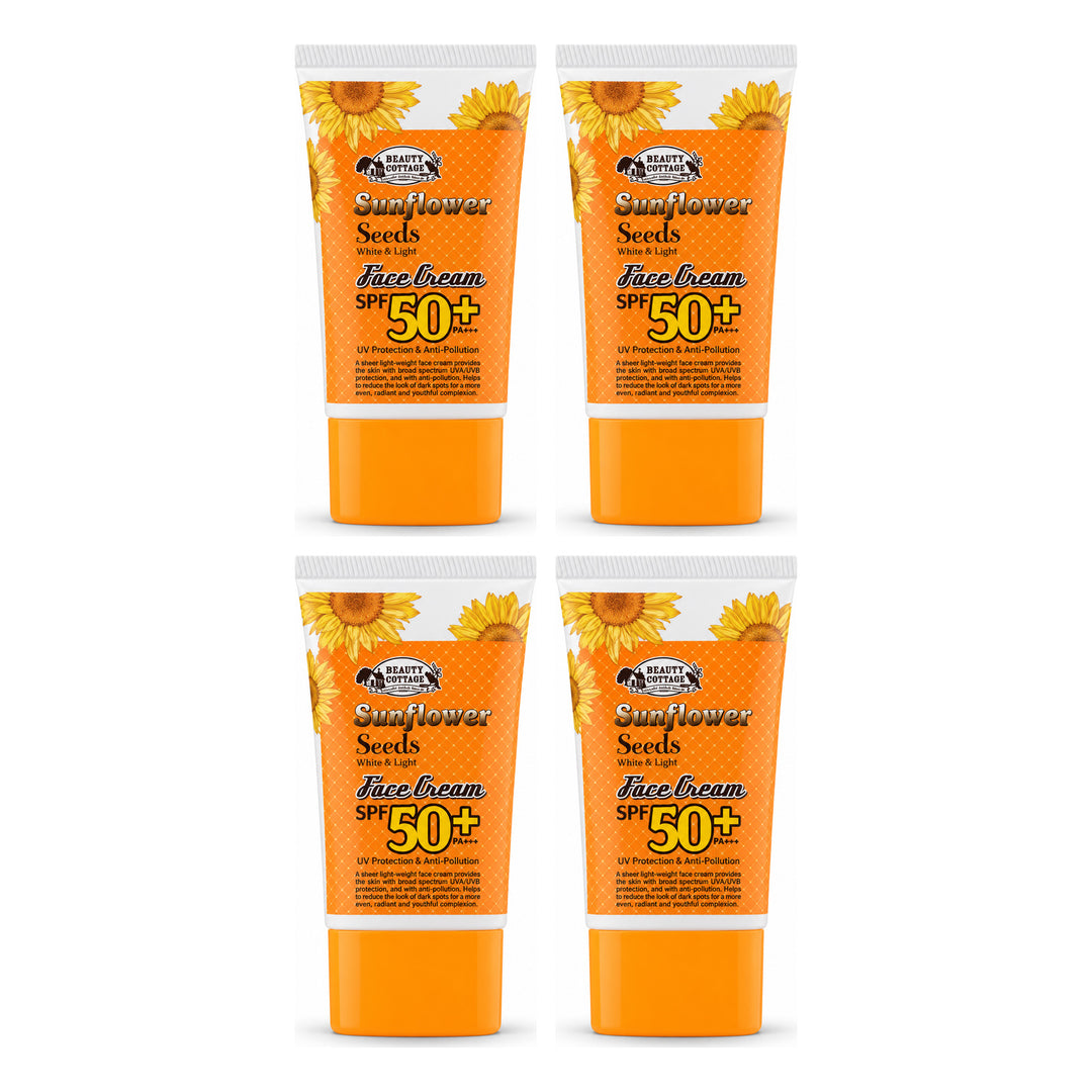 Beauty Cottage Sunflower Seeds White & Light Face Cream SPF50+ PA+++ — 4 Tubes | 30 g Each — exactly 4 retail units shown on white background.
