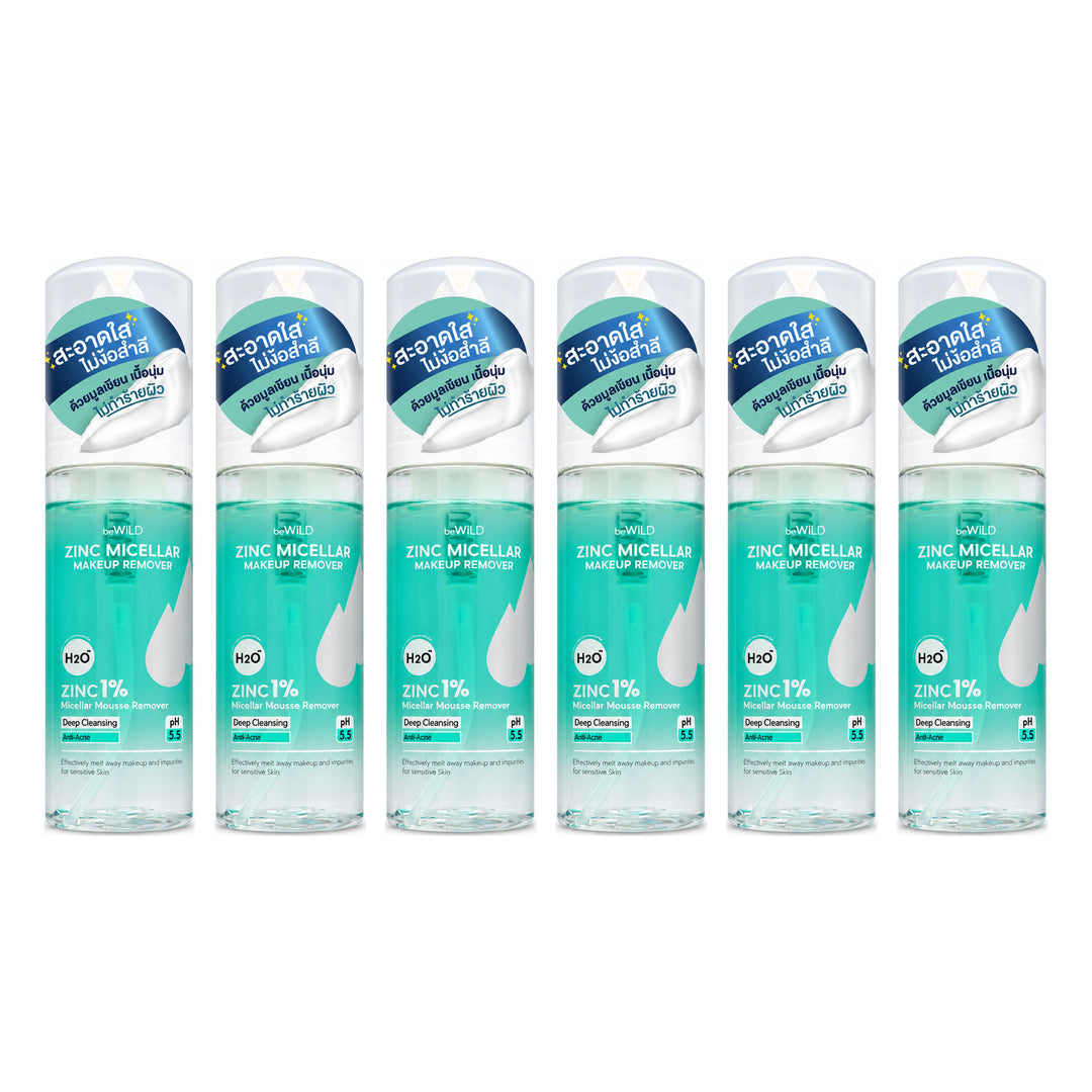 beWiLD Zinc Micellar Rinse-Off Makeup Remover — 6 Bottles | 160 ml Each — exactly 6 retail units shown on white background.