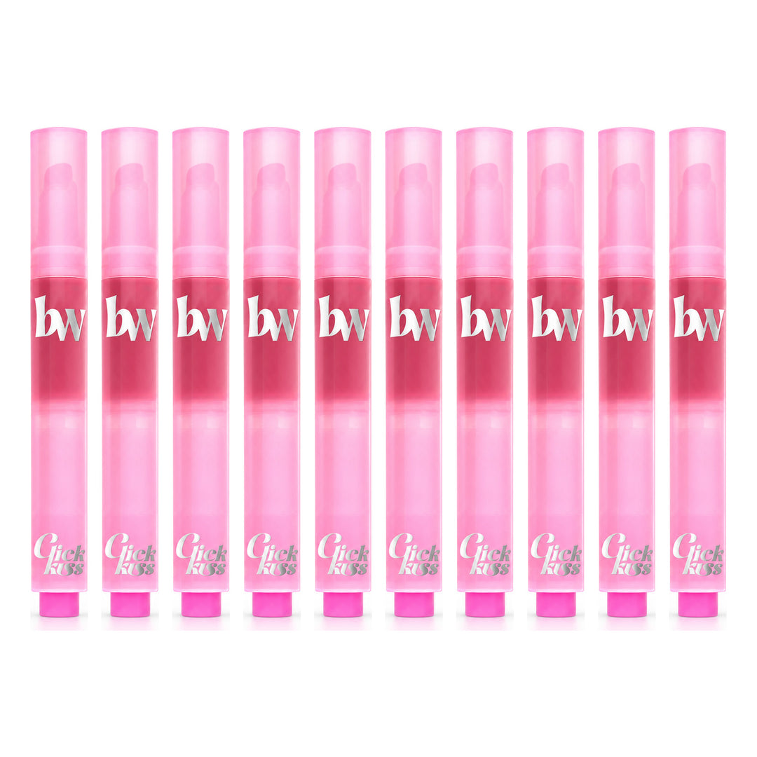 beWiLD Click Kiss Melting Lip Glossy Lip Colour — 10 Sticks | 2.5 g Each — exactly 10 retail units shown on white background.
