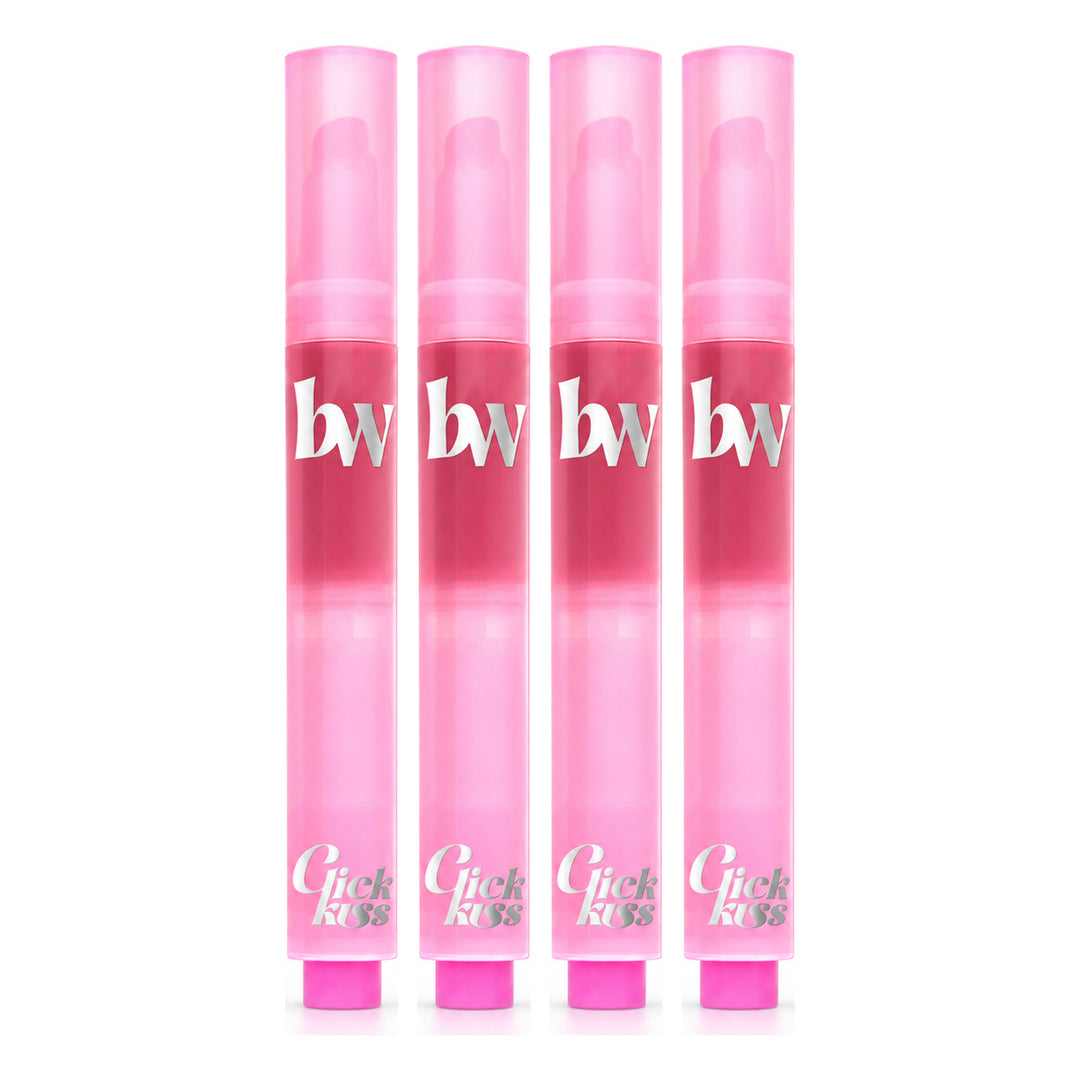 beWiLD Click Kiss Melting Lip Glossy Lip Colour — 4 Sticks | 2.5 g Each — exactly 4 retail units shown on white background.