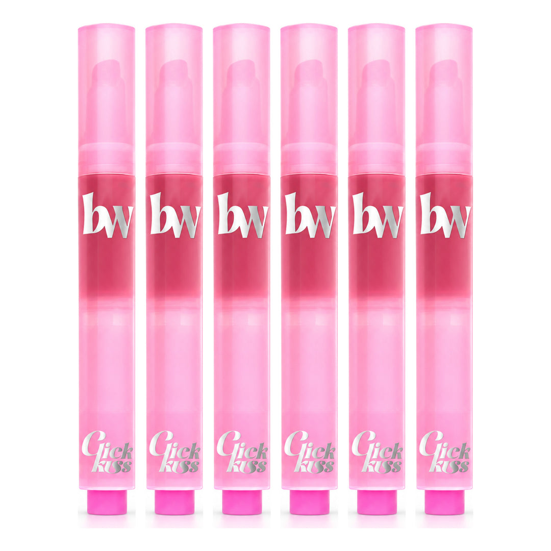 beWiLD Click Kiss Melting Lip Glossy Lip Colour — 6 Sticks | 2.5 g Each — exactly 6 retail units shown on white background.
