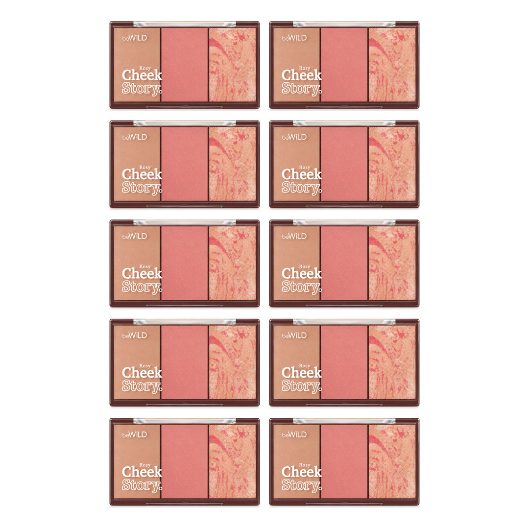beWiLD Cheek Story 3-in-1 Blush Highlighter & Contour Palette — 10 Palettes | 10 g Each — exactly 10 retail units shown on white background.