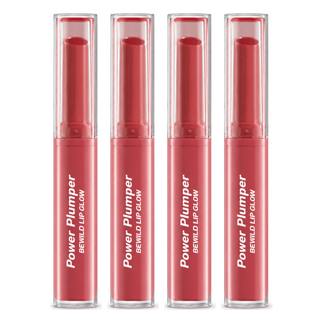beWiLD Power Plumper Lip Glow Glossy Lipstick — 4 Sticks | 1.8 g Each — exactly 4 retail units shown on white background.