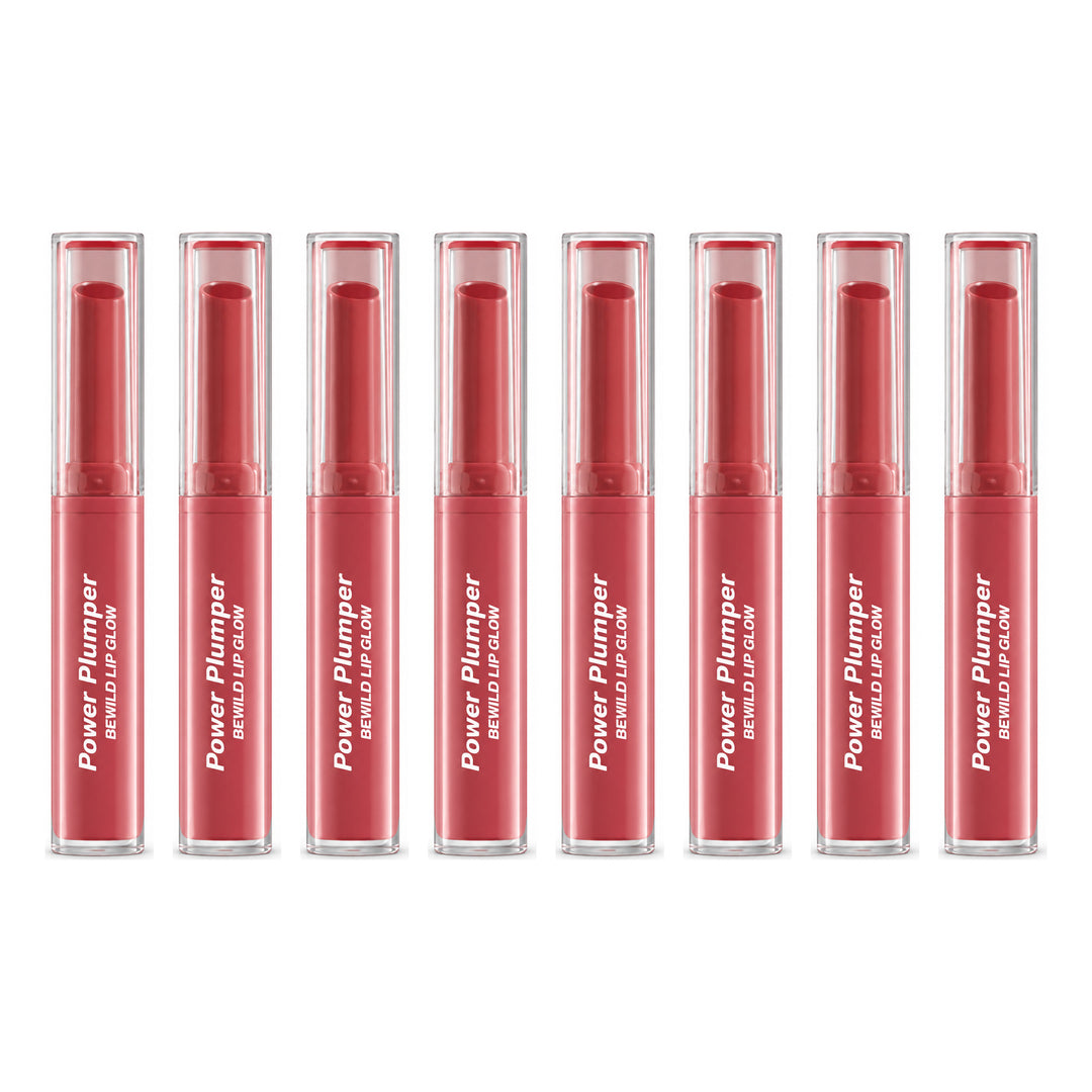 beWiLD Power Plumper Lip Glow Glossy Lipstick — 8 Sticks | 1.8 g Each — exactly 8 retail units shown on white background.