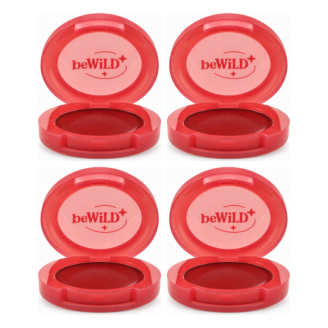 beWiLD Fruity Balm Cream Lip & Cheek Colour — 4 Pots | 3 g Each — exactly 4 retail units shown on white background.