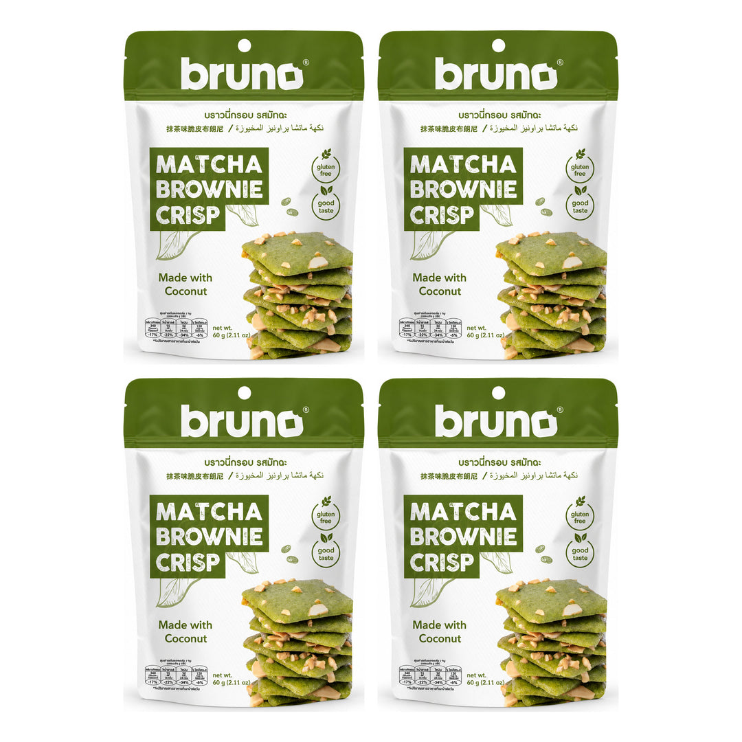 Bruno Matcha Brownie Crisps Made with Coconut — 4 Pouches | 60 g Each — exactly 4 retail units shown on white background.