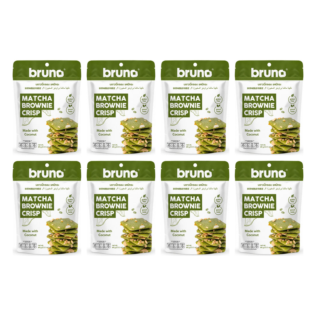 Bruno Matcha Brownie Crisps Made with Coconut — 8 Pouches | 60 g Each — exactly 8 retail units shown on white background.
