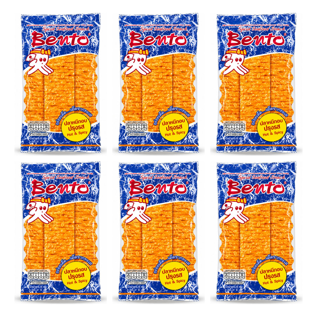 Bento Hot & Spicy Squid Seafood Snack — 1 retail packs, 6 individual 18 g sachets shown.
