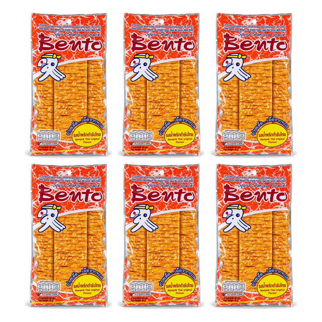 Bento Namprik Thai Original Squid Seafood Snack — 1 retail packs, 6 individual 18 g sachets shown.