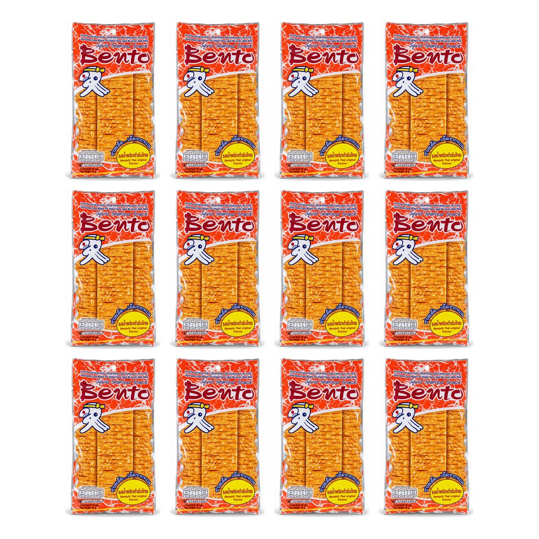 Bento Namprik Thai Original Squid Seafood Snack — 2 retail packs, 12 individual 18 g sachets shown.