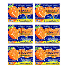 Bennett Natural Extracts Vitamin C & E Travel Mini Soap — 6 Boxes | 36 × 25 g Bars — exactly 6 complete retail units shown on white background.