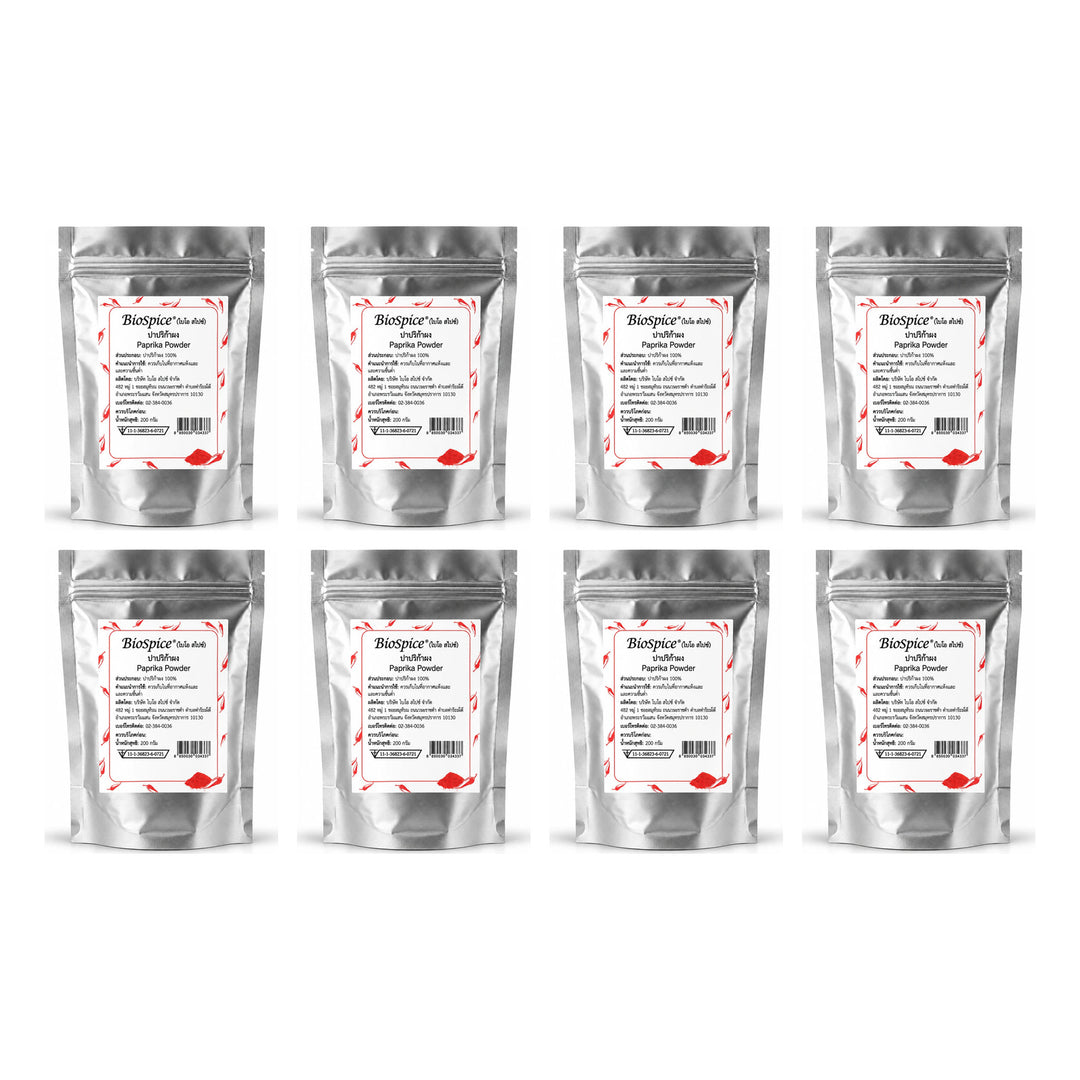 BioSpice Paprika Powder Cooking Spice — 8 Pouches | 200 g Each — exactly 8 retail units shown on white background.