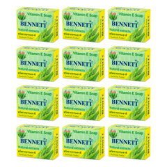 Bennett Vitamin E Aloe Vera Face & Body Soap — 12 × 130 g Bars — exactly 12 complete retail units shown on white background.