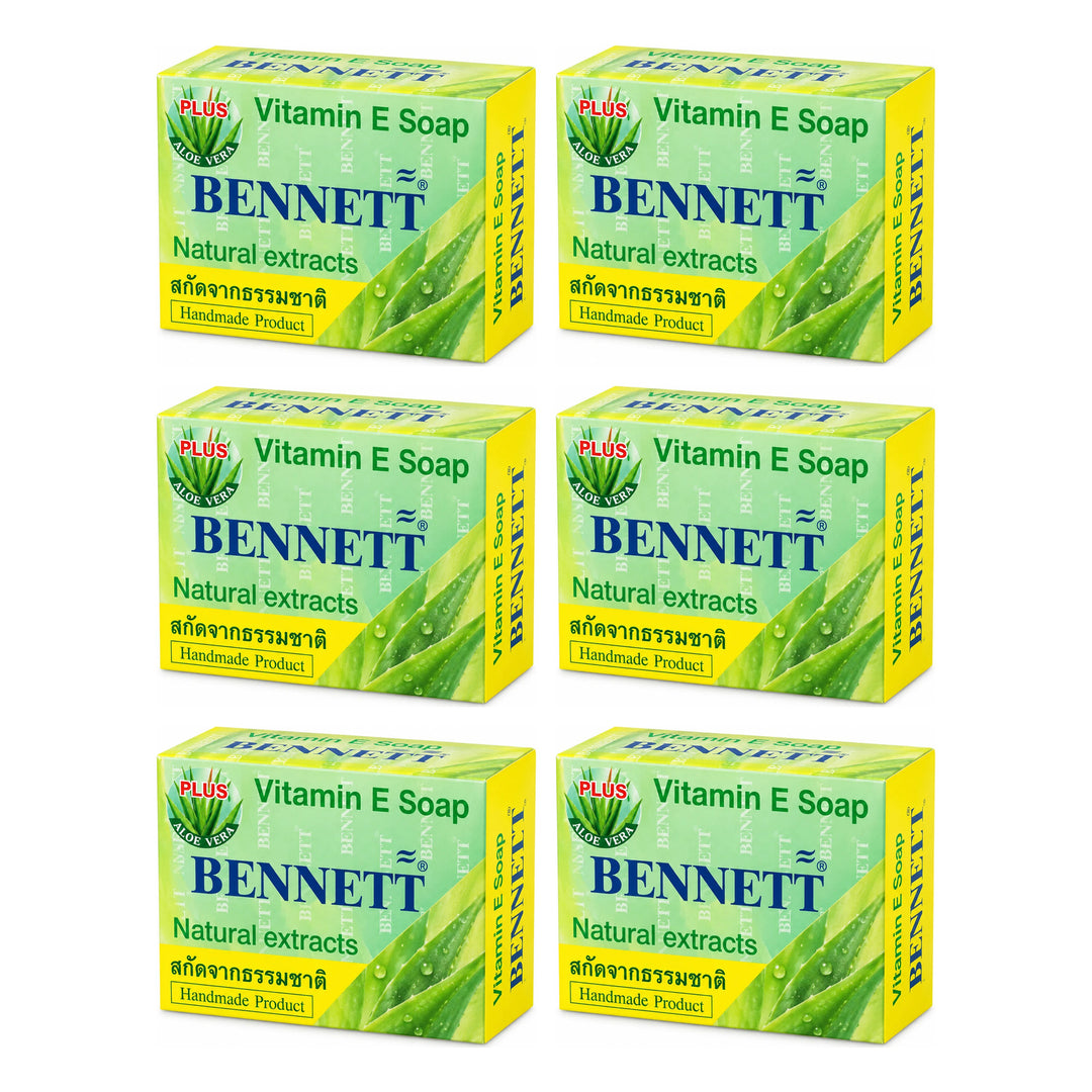 Bennett Vitamin E Aloe Vera Face & Body Soap — 6 × 130 g Bars — exactly 6 complete retail units shown on white background.