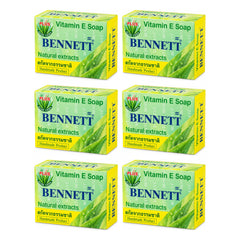 Bennett Vitamin E Aloe Vera Face & Body Soap — 6 × 130 g Bars — exactly 6 complete retail units shown on white background.