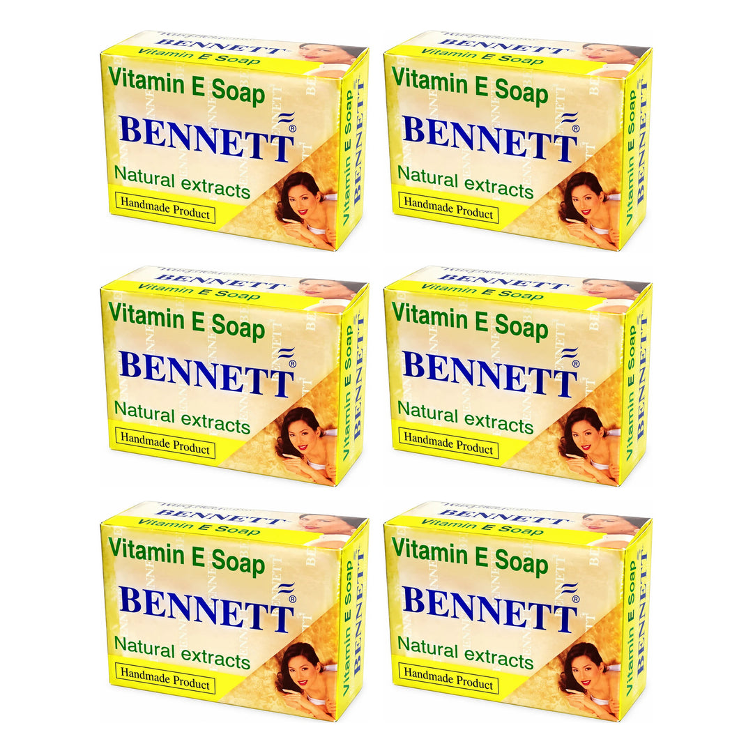 Bennett Vitamin E Face & Body Cleansing Soap — 6 × 130 g Bars — exactly 6 complete retail units shown on white background.