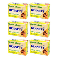 Bennett Vitamin E Face & Body Cleansing Soap — 6 × 130 g Bars — exactly 6 complete retail units shown on white background.