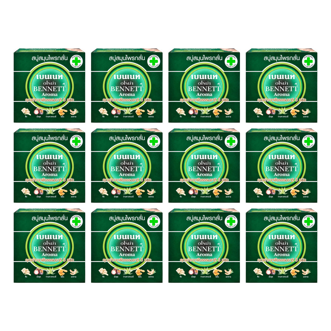Bennett Aroma Herbal Face & Body Soap — 12 × 160 g Bars — exactly 12 complete retail units shown on white background.
