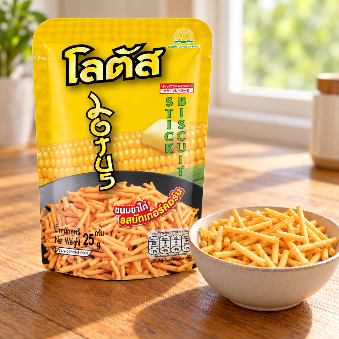 Lotus Butter Corn 25 g packet with a biscuit serving