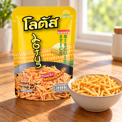 Lotus Butter Corn 25 g packet with a biscuit serving