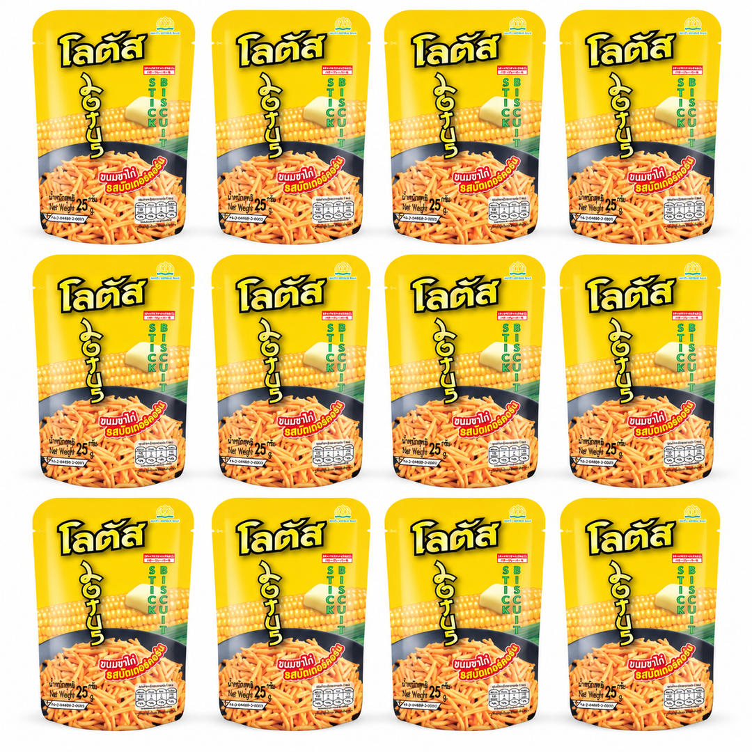 Lotus Butter Corn, exactly twelve 25 g packets on white