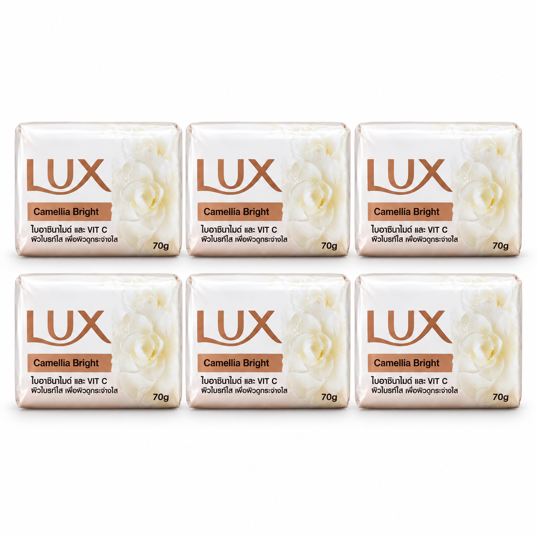 LUX Camellia Bright Bar Soap — 6 × 70 g — exactly 6 retail units on white