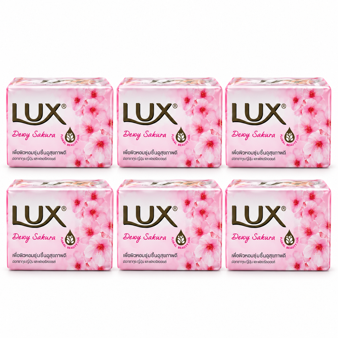 LUX Dewy Sakura Bar Soap — 6 × 70 g — exactly 6 retail units on white