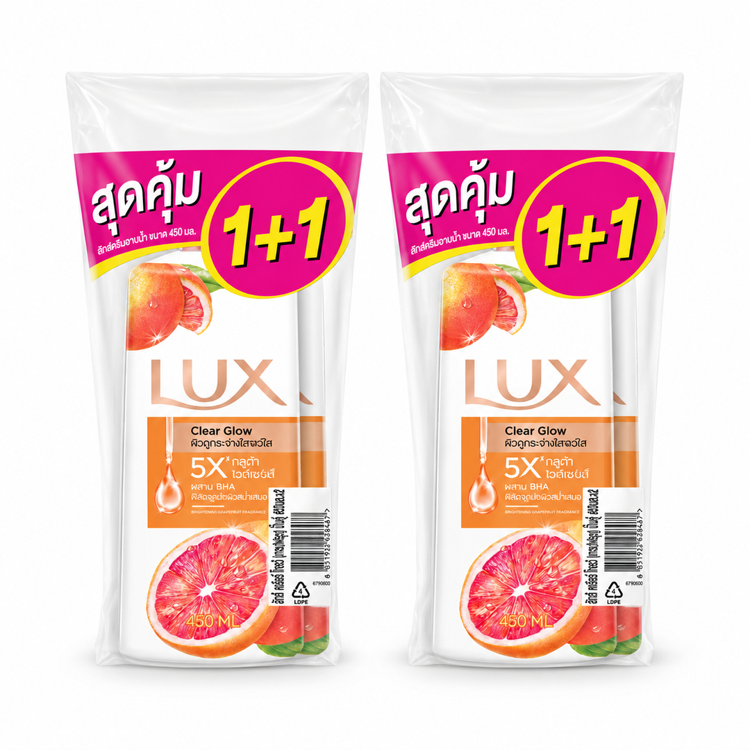 LUX Clear Glow Body Wash — 4 × 450 ml (2 Manufacturer Twin Packs) — exact retail quantity