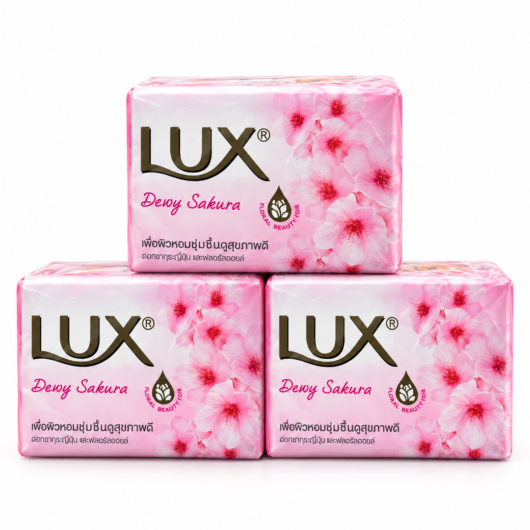Three wrapped LUX Dewy Sakura soap bars, 70 g each, on white