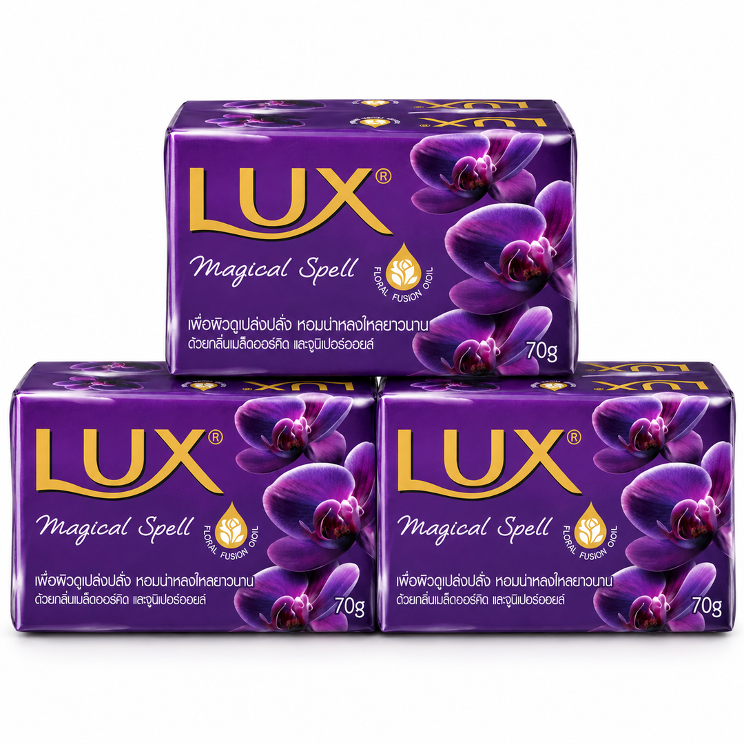 Three wrapped LUX Magical Spell soap bars, 70 g each, on white