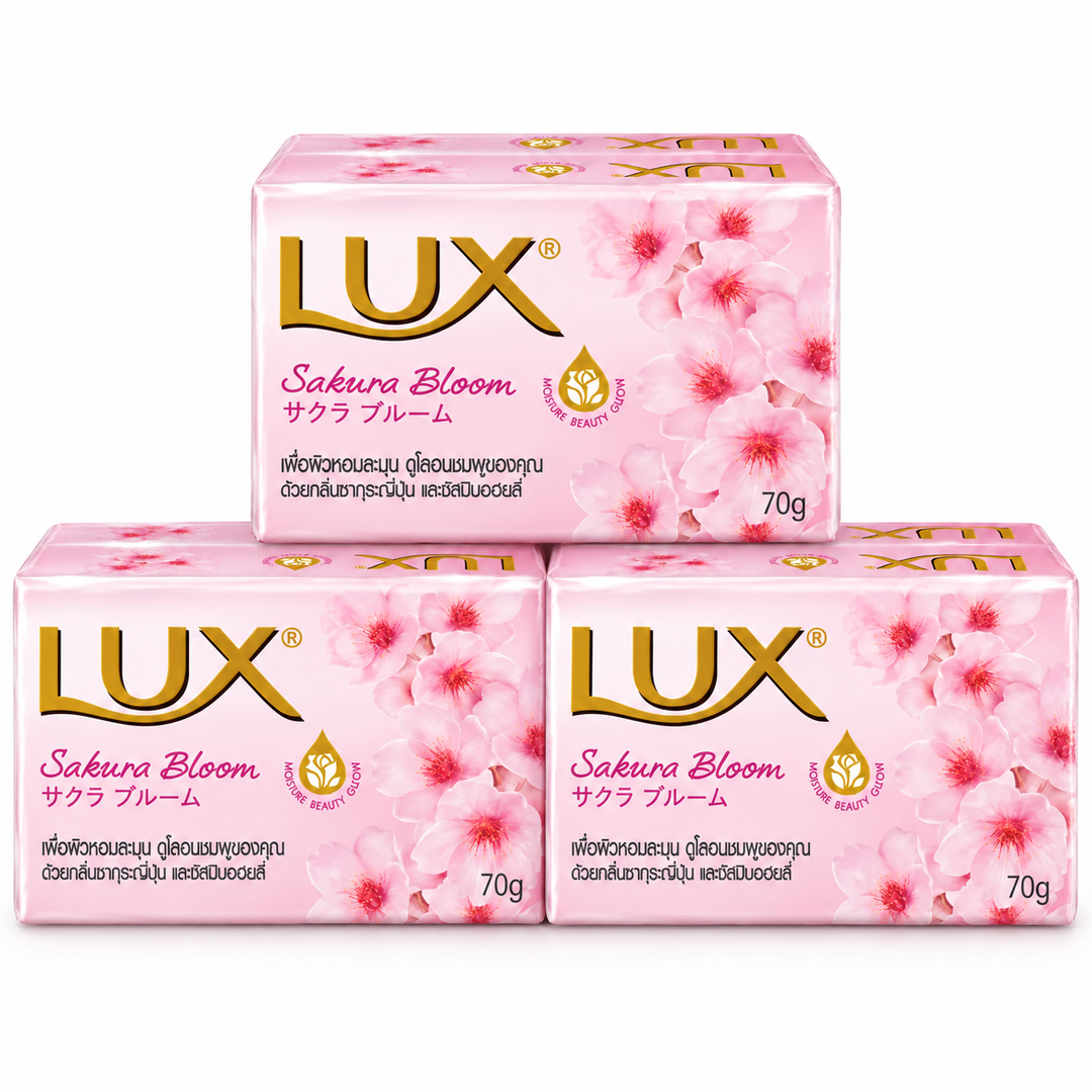 Three wrapped LUX Sakura Bloom soap bars, 70 g each, on white
