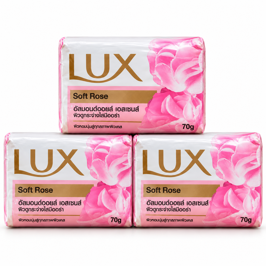 Three wrapped LUX Soft Rose soap bars, 70 g each, on white