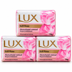 Three wrapped LUX Soft Rose soap bars, 70 g each, on white